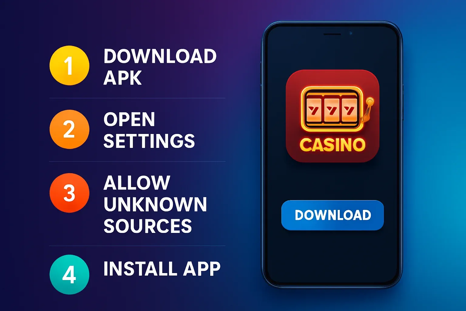 Clean modern infographic showing Android phone APK installation steps for casino app