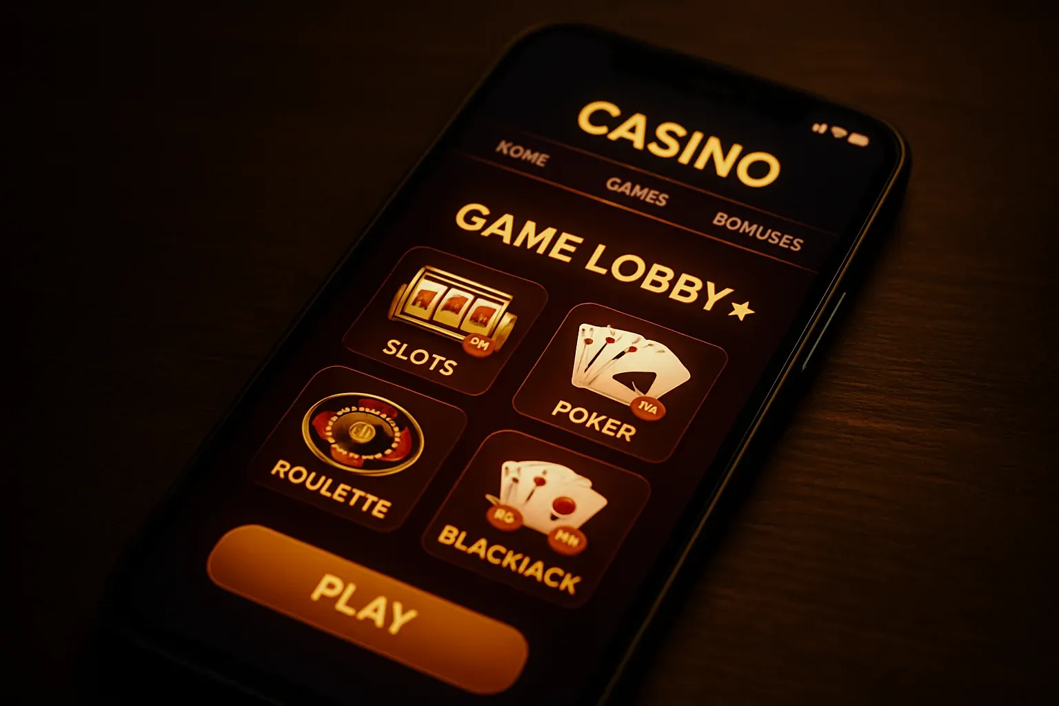 Android smartphone mockup showing casino mobile app game lobby interface