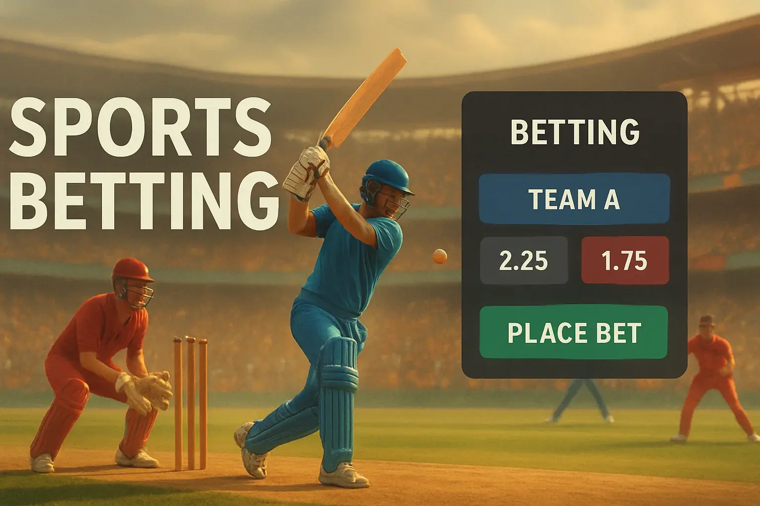 Sports betting banner with cricket action, stadium crowd, and betting interface overlay