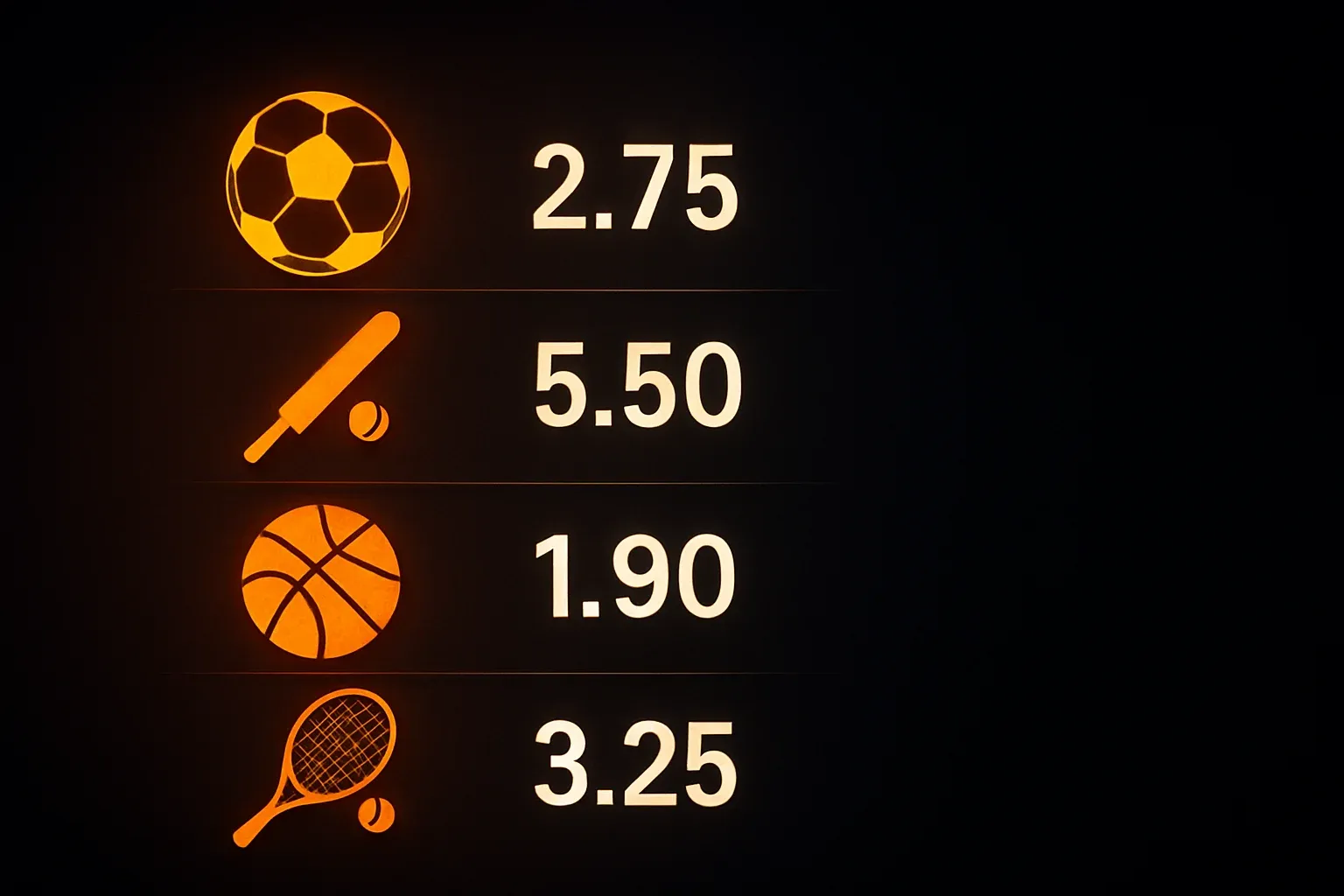 Sports betting markets with vivid icons and clear odds on dark background