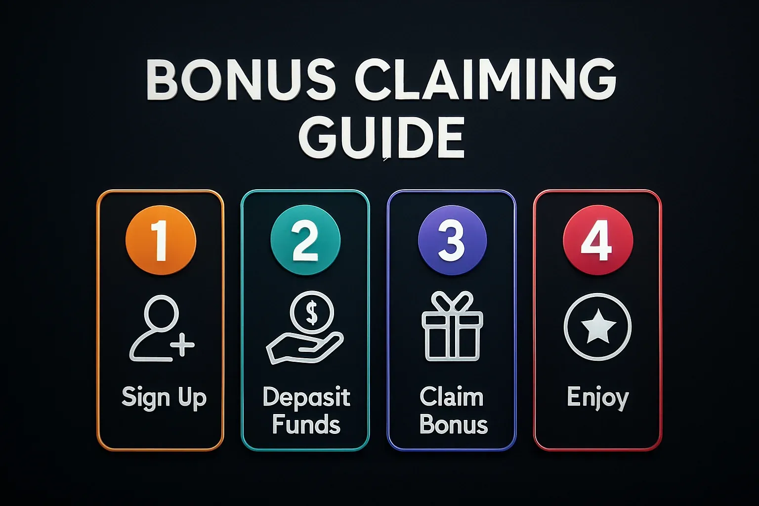 Modern infographic showing 1-2-3-4 bonus claiming steps on dark background