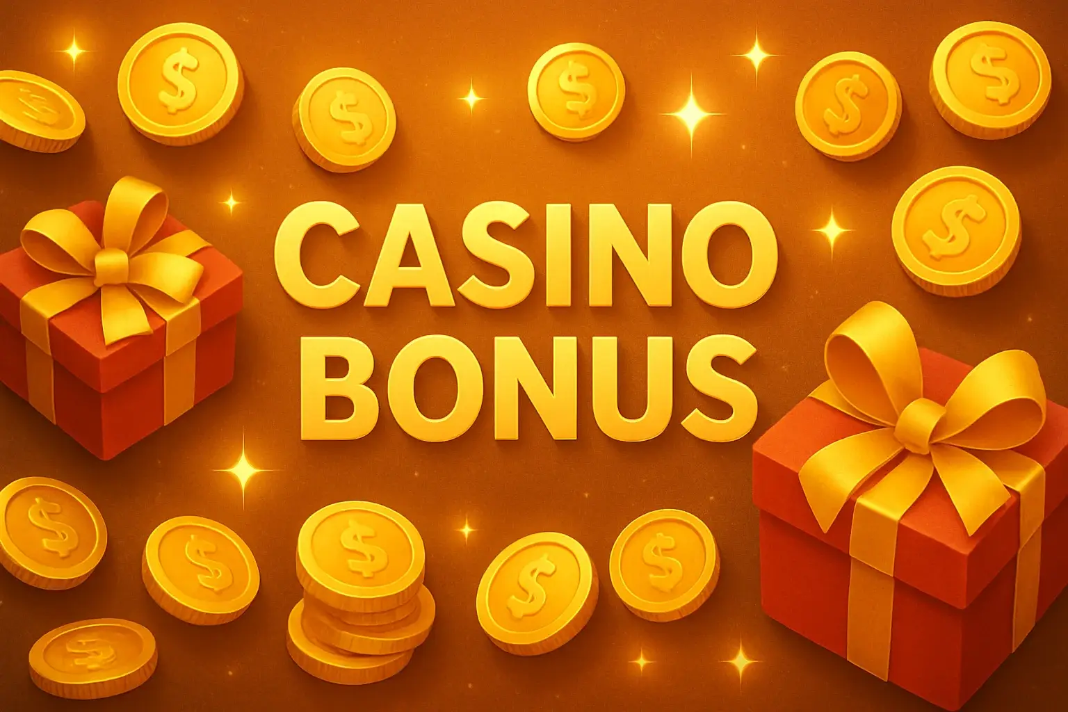 Casino bonus banner with golden coins, gift boxes, and sparkle effects