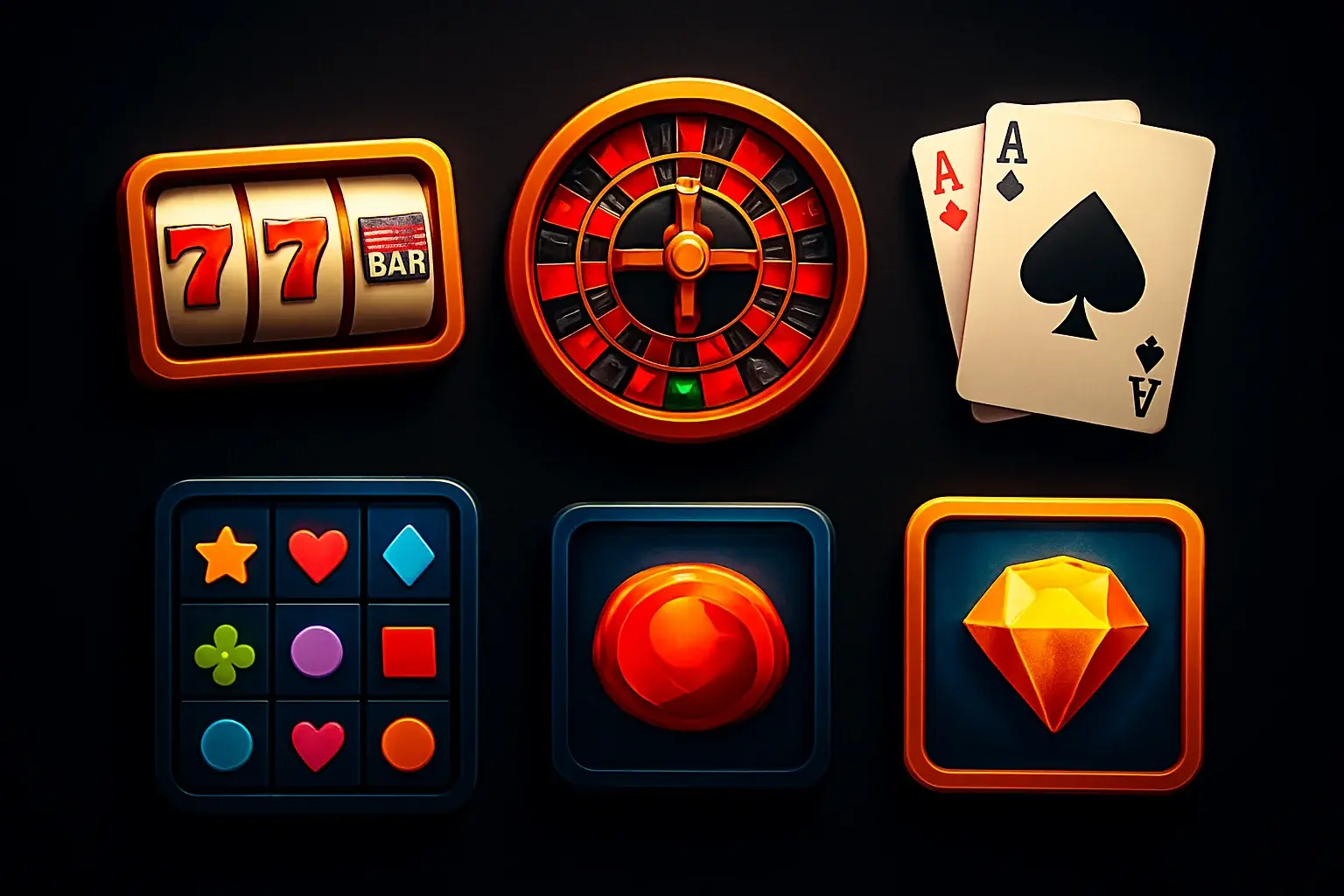 Popular casino game icons with slots, roulette, cards on dark background