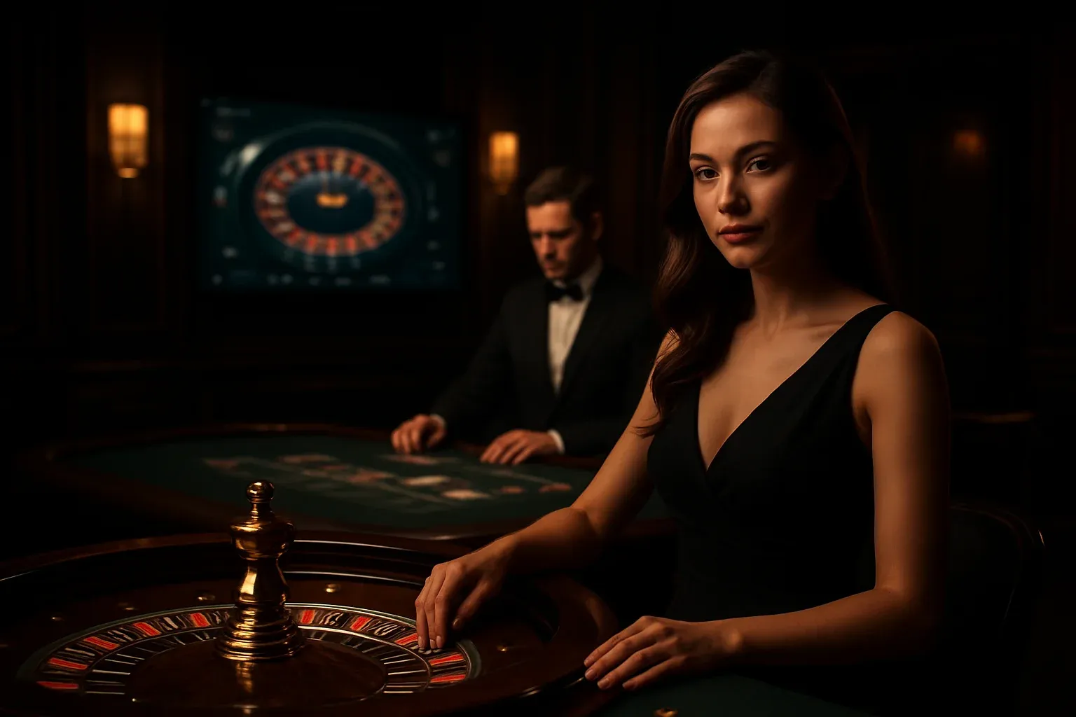 Elegant live casino studio with dealers and screens showing roulette and blackjack