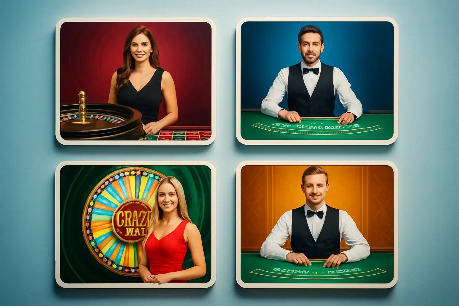 Vivid live casino game cards with roulette, blackjack, Crazy Time, and dealer