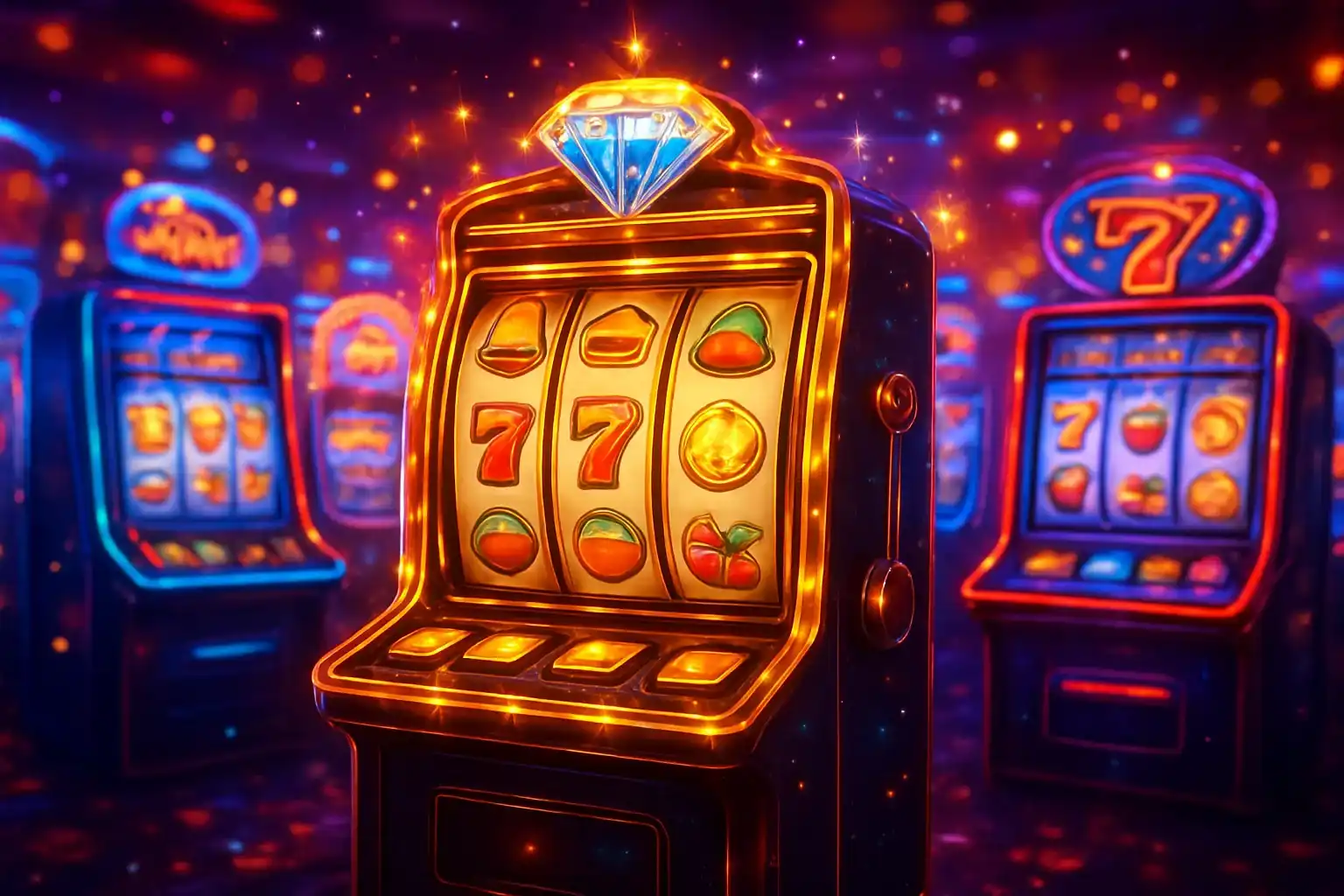Colorful casino slot machines collage with coins, diamonds, 7s and sparkle effects