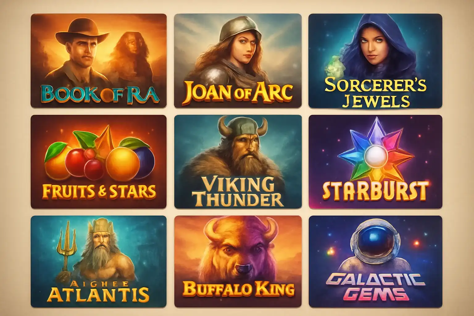 Grid of popular slot game thumbnails with Egypt, fantasy, fruit, sci-fi themes